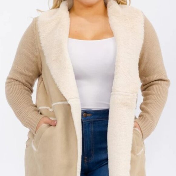 OnTwelfth Women’s Plus Size Open Front Faux Suede & Sherpa Lined Coat – Beige - Picture 5 of 12